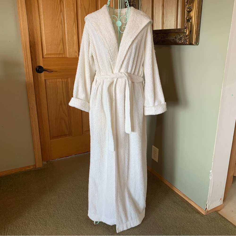 Vintage Herbcraft White Terry Cotton Housecoat Dressing Robe Women’s Small Hood